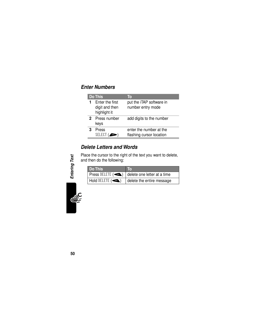 Motorola V60i manual Enter Numbers, Delete Letters and Words 