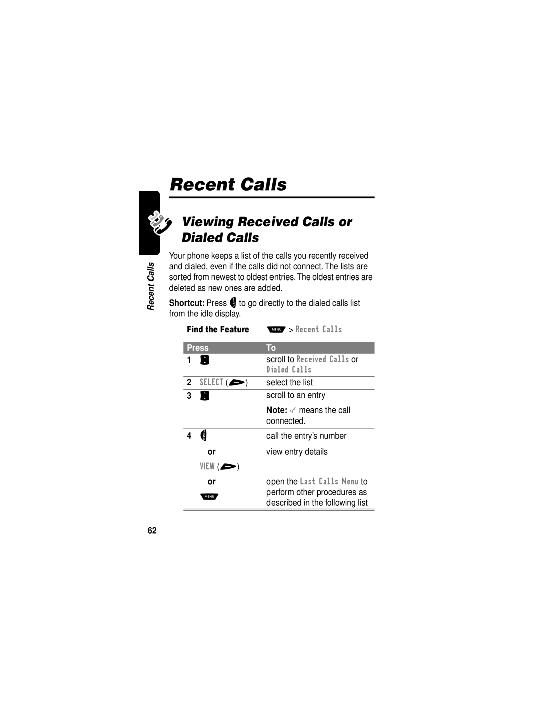 Motorola V60i manual Recent Calls, Viewing Received Calls or Dialed Calls 