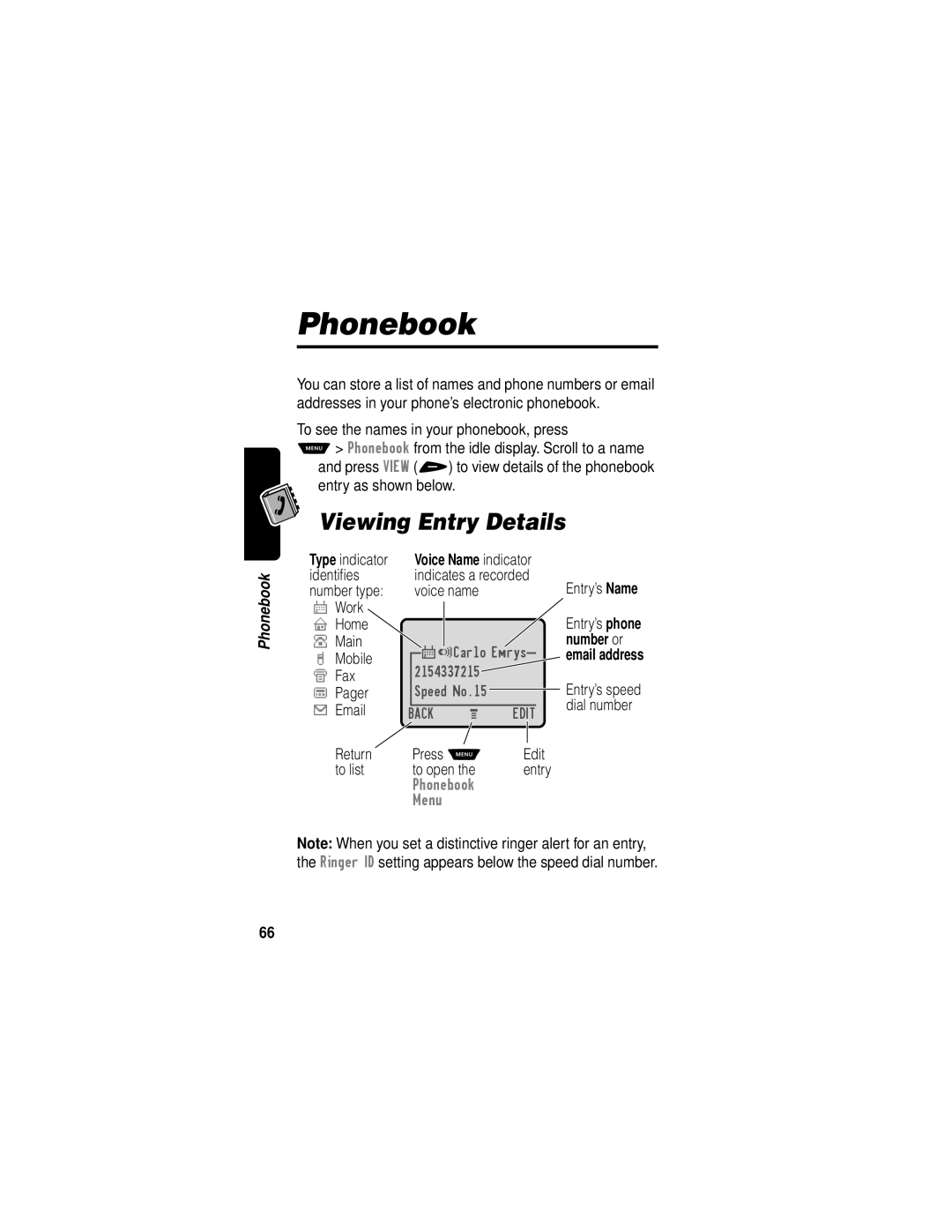 Motorola V60i manual Phonebook, Viewing Entry Details, Voice Name indicator, Number or 