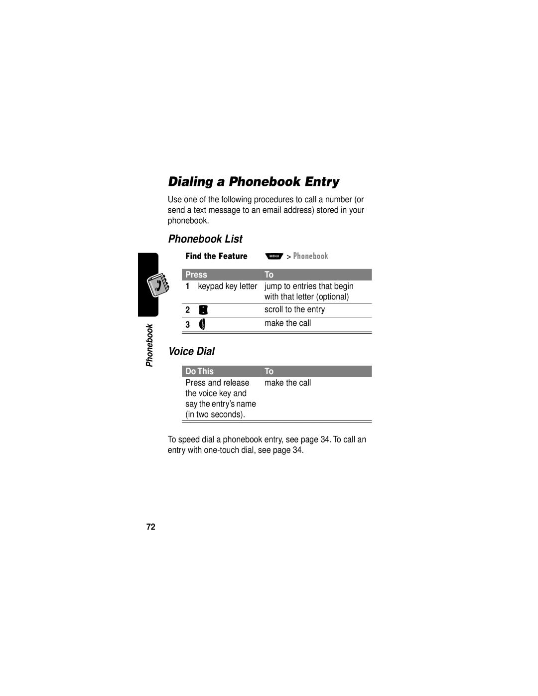 Motorola V60i manual Dialing a Phonebook Entry, Phonebook List, Voice Dial, Press and release Make the call Voice key 