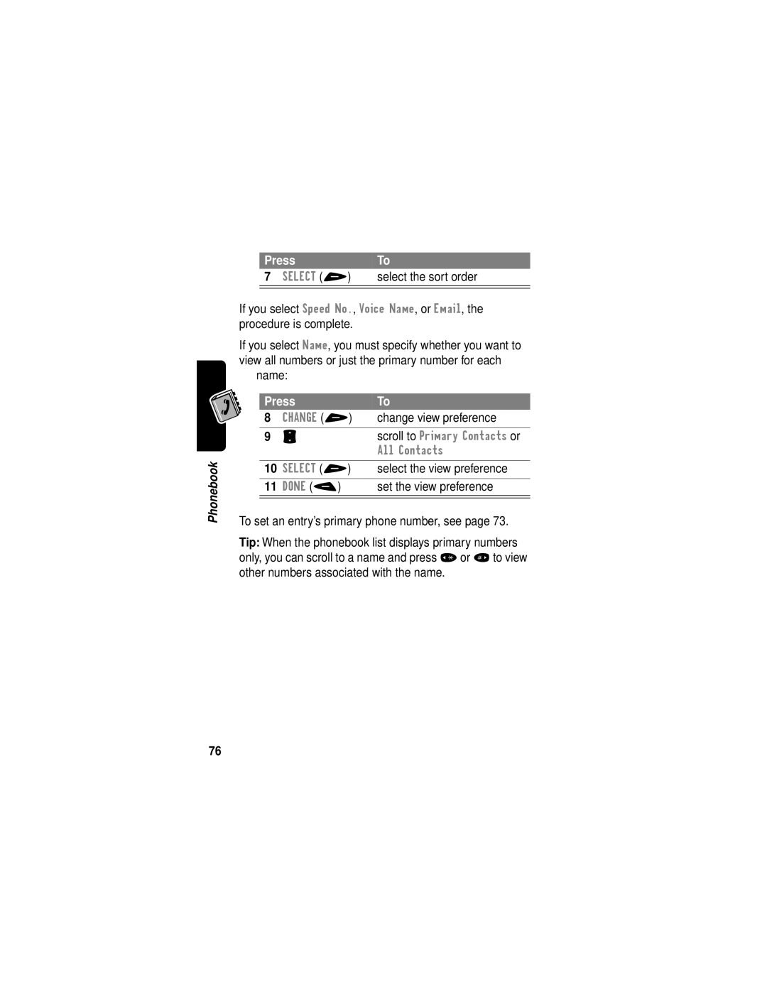 Motorola V60i Select the sort order, Name, Change view preference, Select the view preference, Set the view preference 