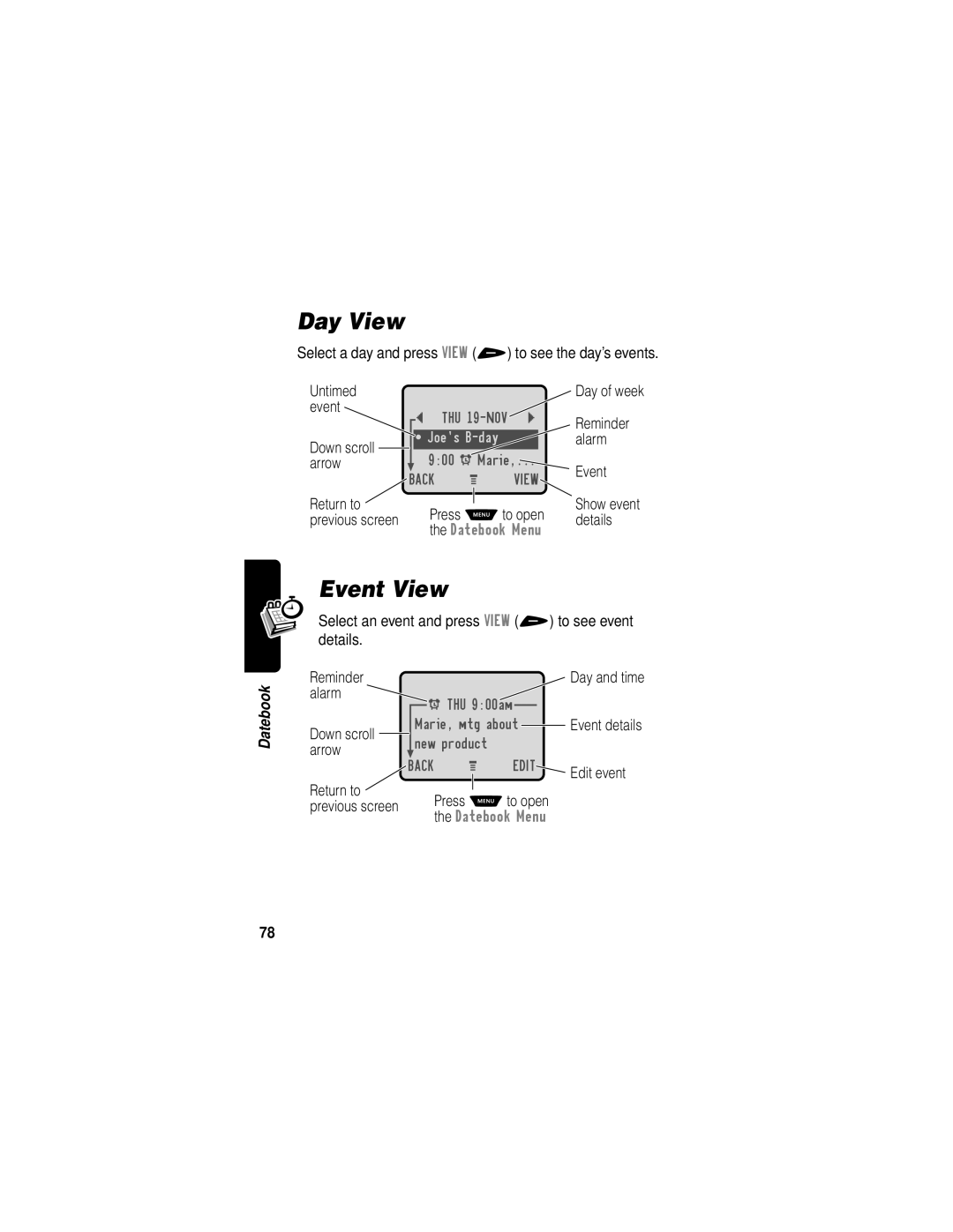 Motorola V60i manual Day View, Event View 