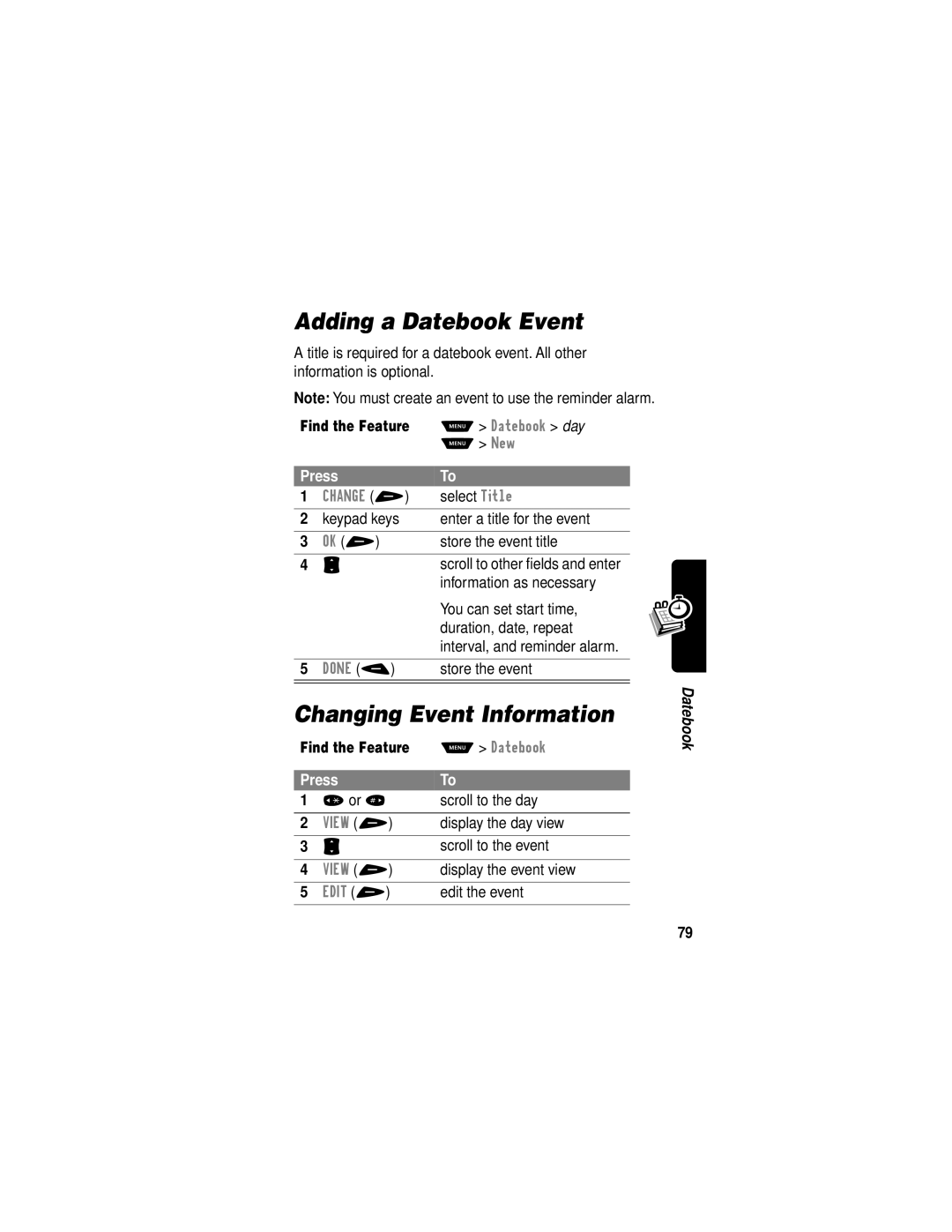 Motorola V60i manual Adding a Datebook Event, Changing Event Information 