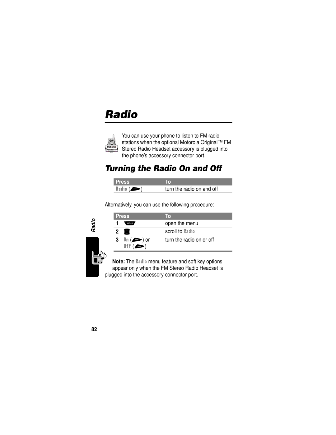 Motorola V60i manual Turning the Radio On and Off 