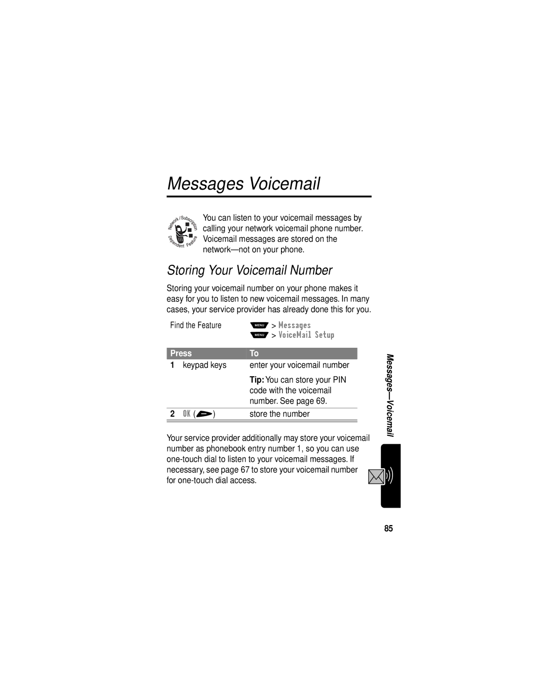 Motorola V60i manual Messages-Voicemail, Storing Your Voicemail Number, Store the number 