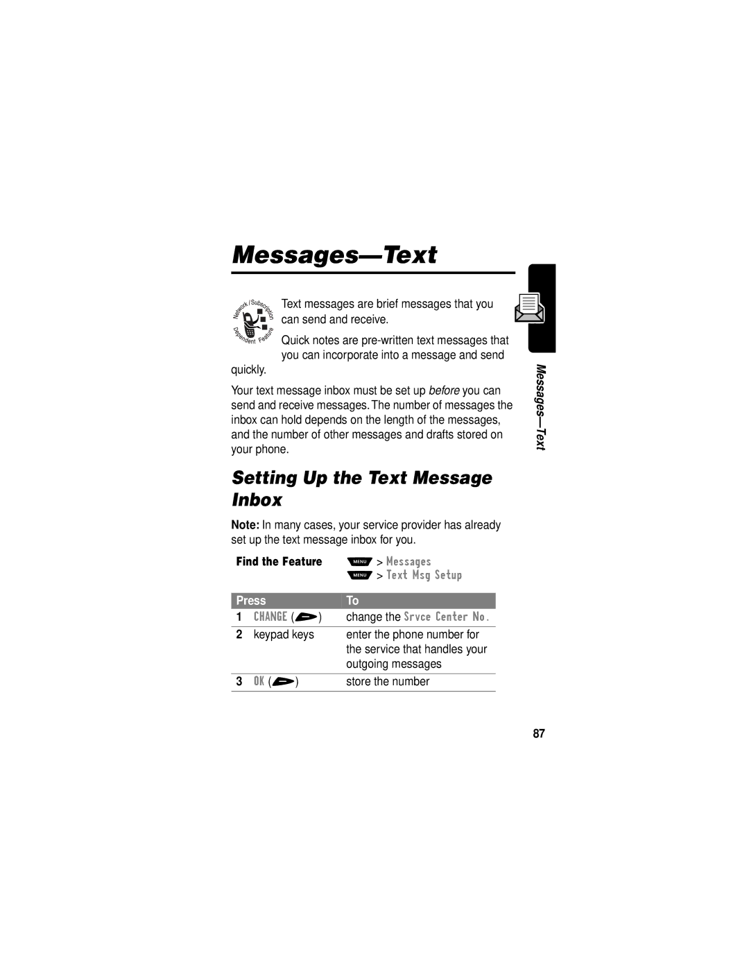 Motorola V60i Messages-Text, Setting Up the Text Message Inbox, Keypad keys Enter the phone number for, Outgoing messages 