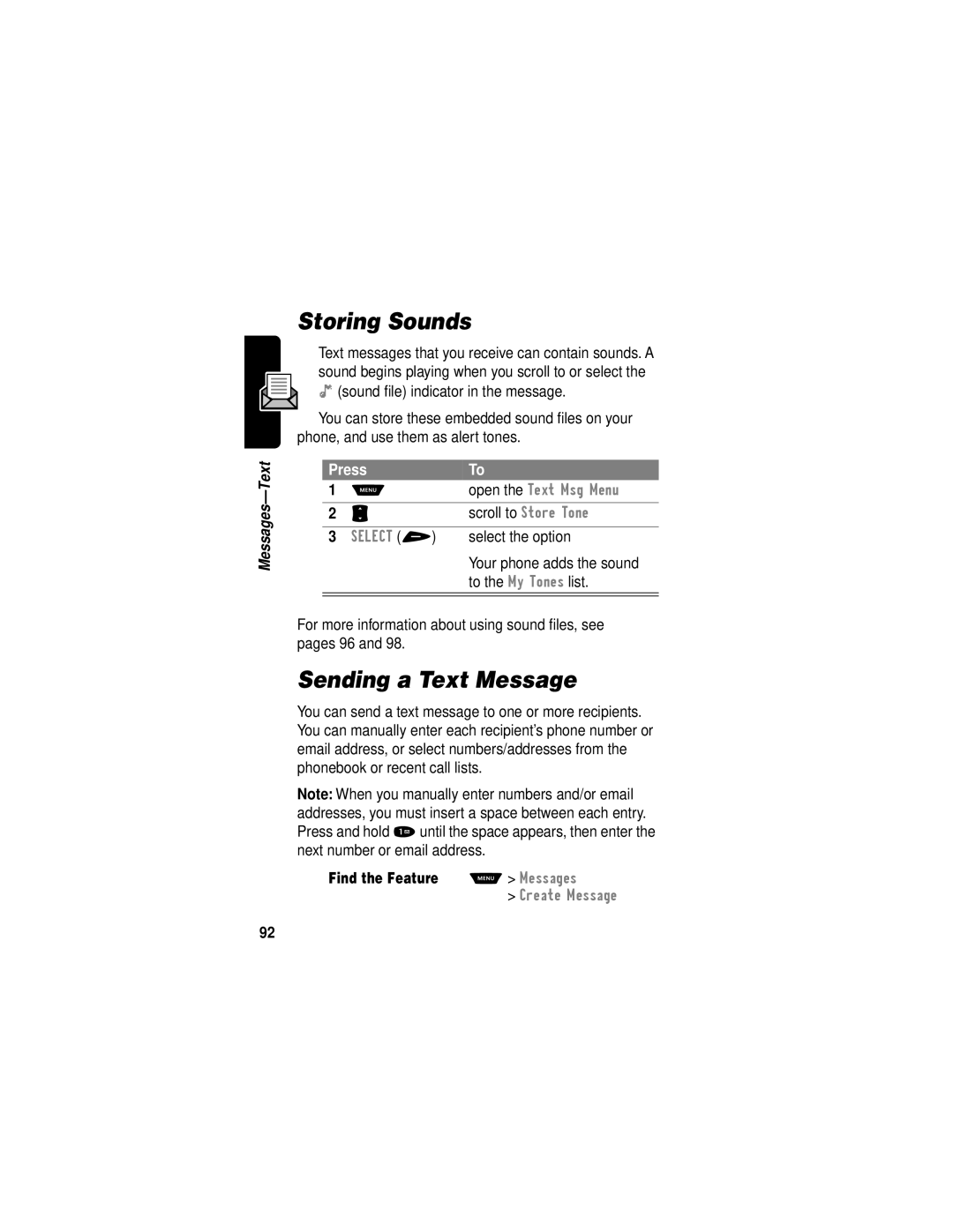 Motorola V60i manual Storing Sounds, Sending a Text Message 