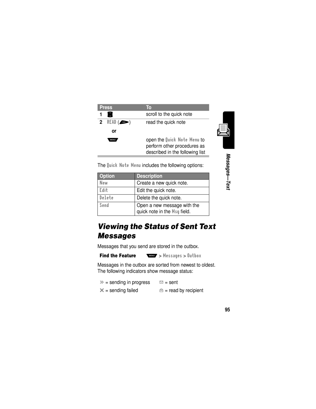 Motorola V60i manual Viewing the Status of Sent Text Messages 