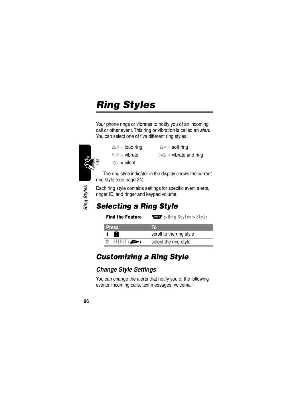 Motorola V60i manual Ring Styles, Selecting a Ring Style, Customizing a Ring Style, Change Style Settings 