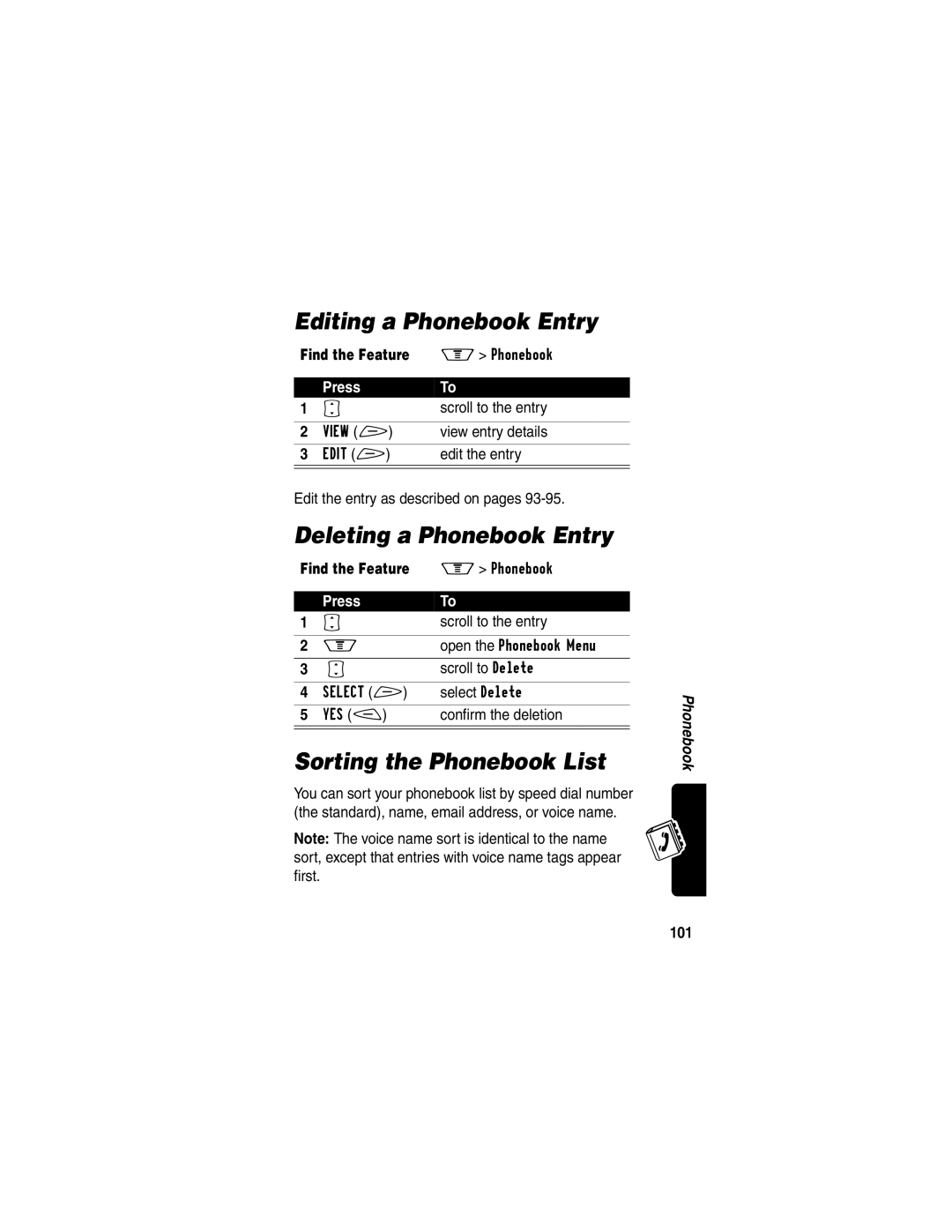 Motorola V60p manual Editing a Phonebook Entry, Deleting a Phonebook Entry, Sorting the Phonebook List, 101 