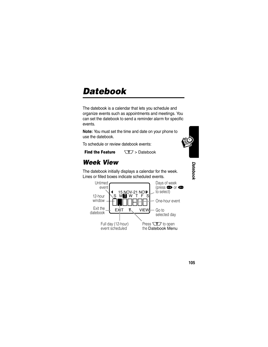 Motorola V60p manual Week View, Find the Feature Datebook, 105 