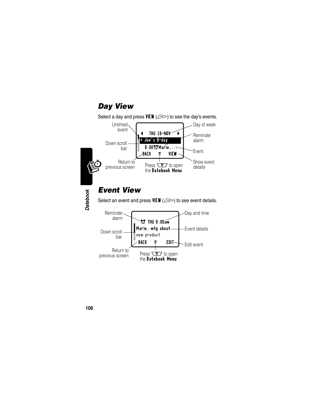 Motorola V60p manual Day View, Event View, 106 