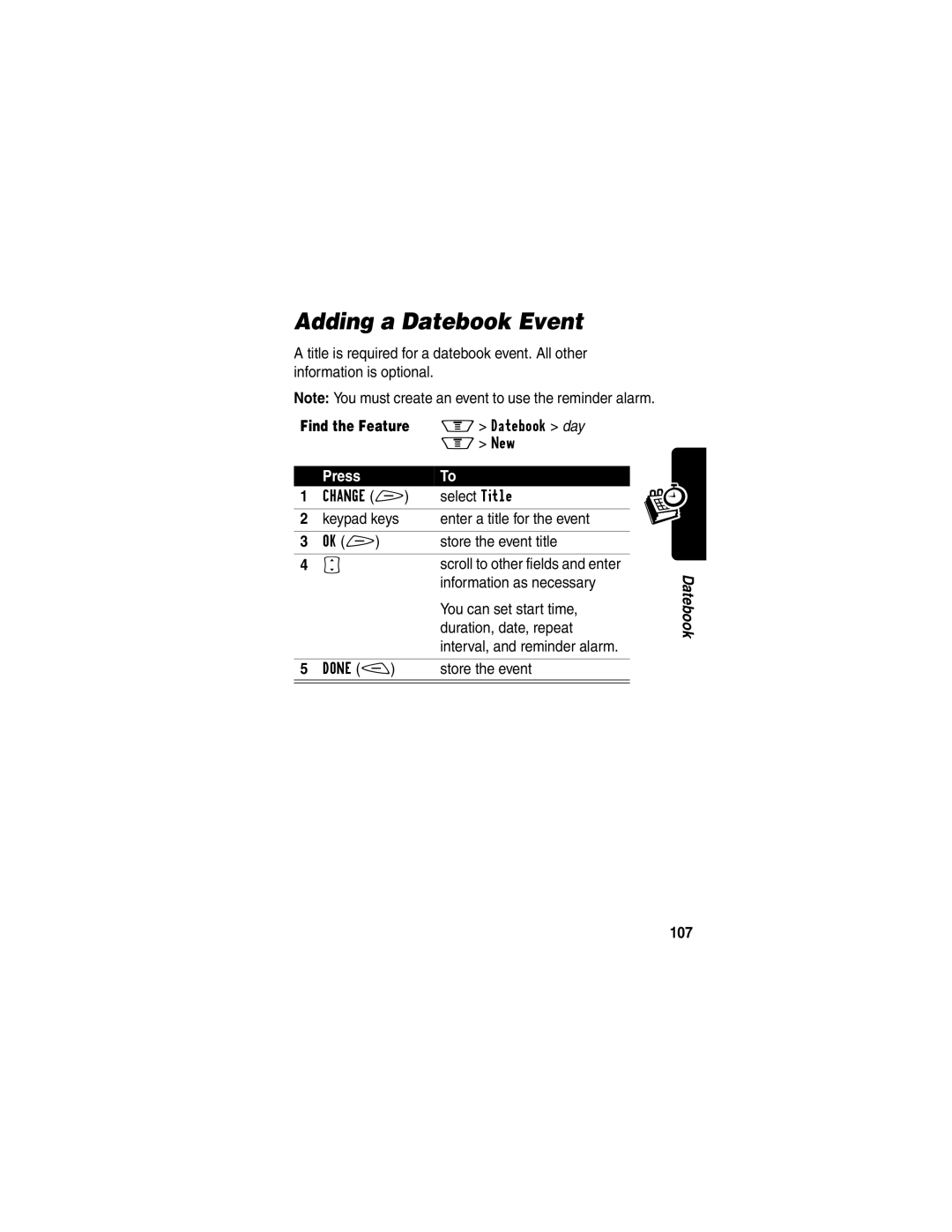 Motorola V60p manual Adding a Datebook Event, 107 