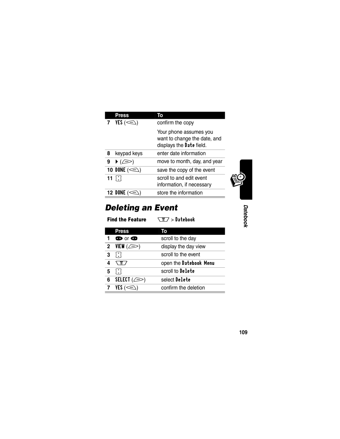 Motorola V60p manual Deleting an Event, Displays the Date field, Keypad keys Enter date information, 109 