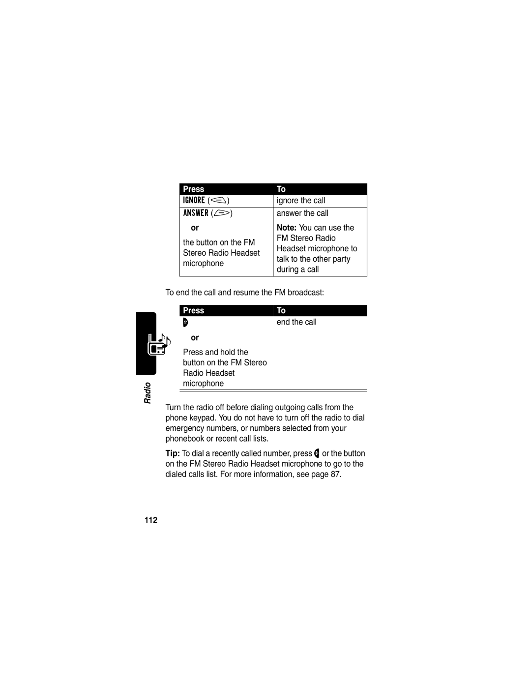 Motorola V60p manual End the call, 112 