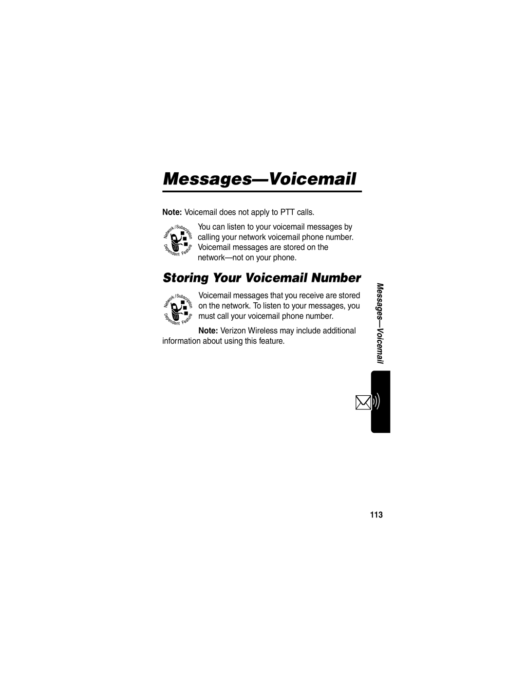 Motorola V60p manual Messages-Voicemail, Storing Your Voicemail Number, 113 