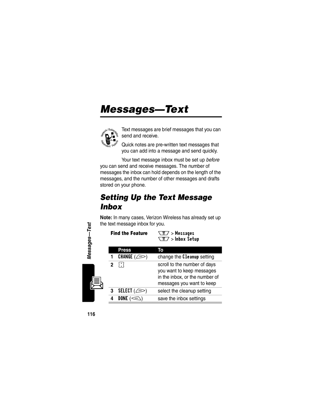 Motorola V60p manual Messages-Text, Setting Up the Text Message Inbox, Messages you want to keep, 116 