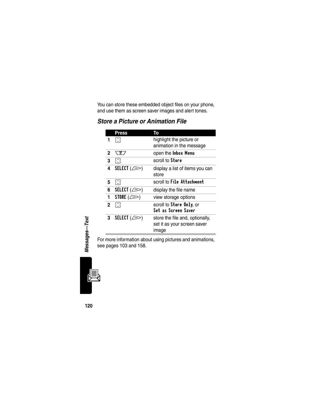 Motorola V60p manual Store a Picture or Animation File, 120 