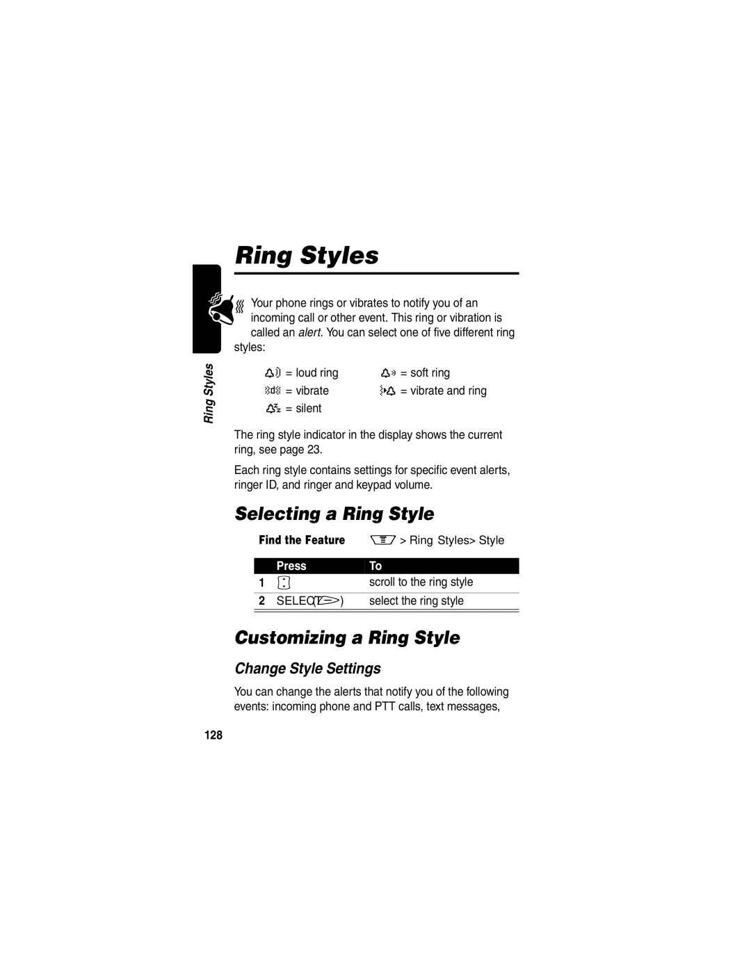 Motorola V60p manual Ring Styles, Selecting a Ring Style, Customizing a Ring Style, Change Style Settings, 128 