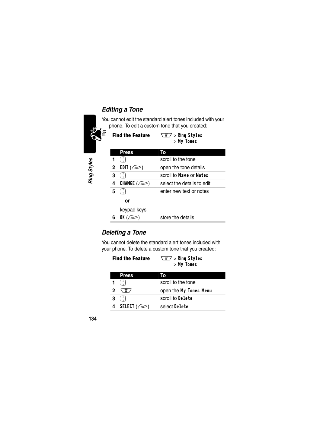 Motorola V60p manual Editing a Tone, Deleting a Tone, Scroll to the tone, 134 