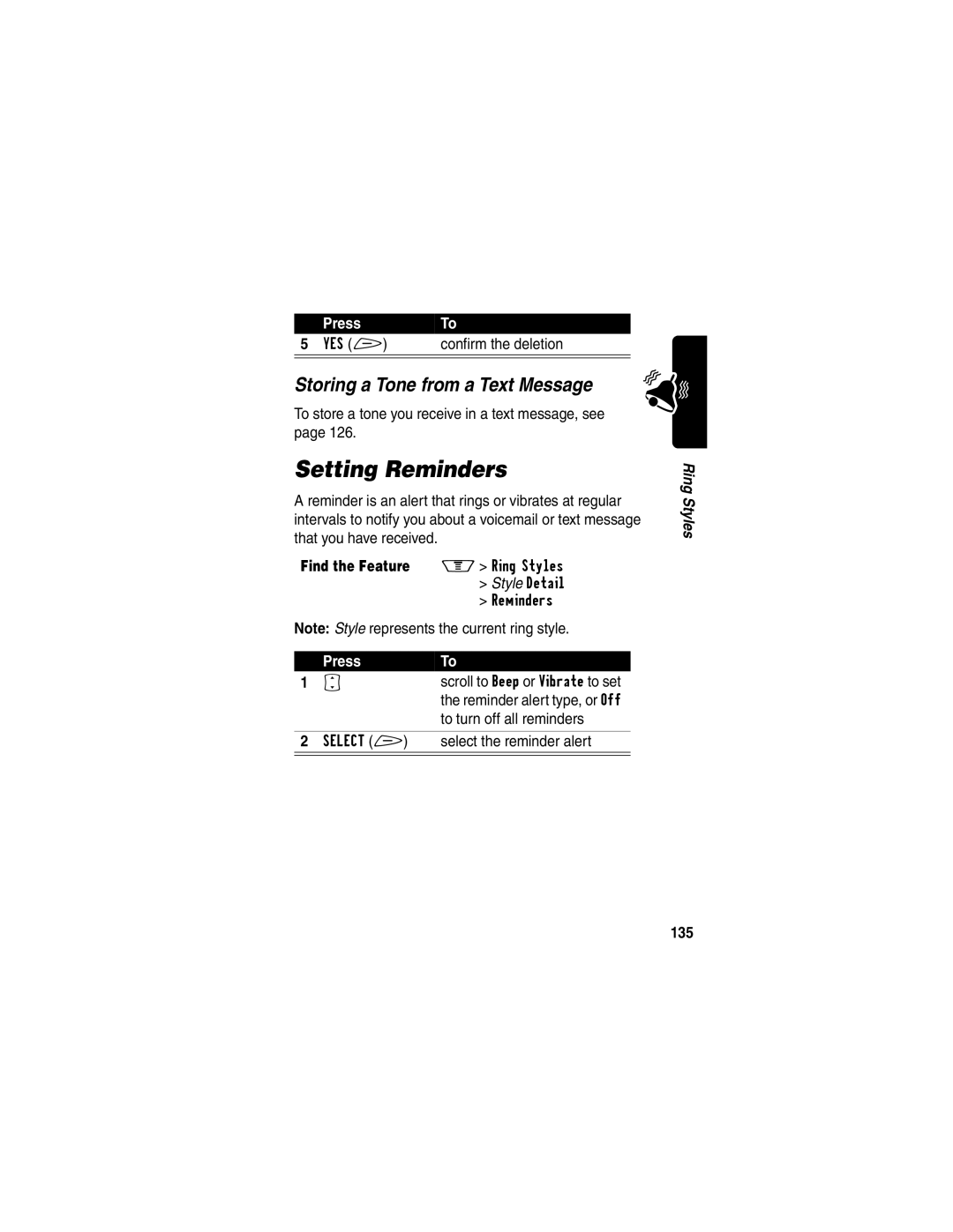 Motorola V60p manual Setting Reminders, Storing a Tone from a Text Message, 135 