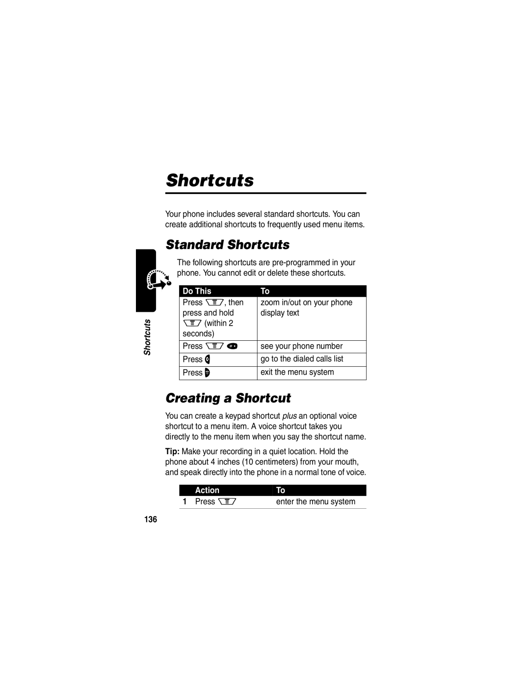 Motorola V60p manual Standard Shortcuts, Creating a Shortcut, Do This, Action Press M Enter the menu system 