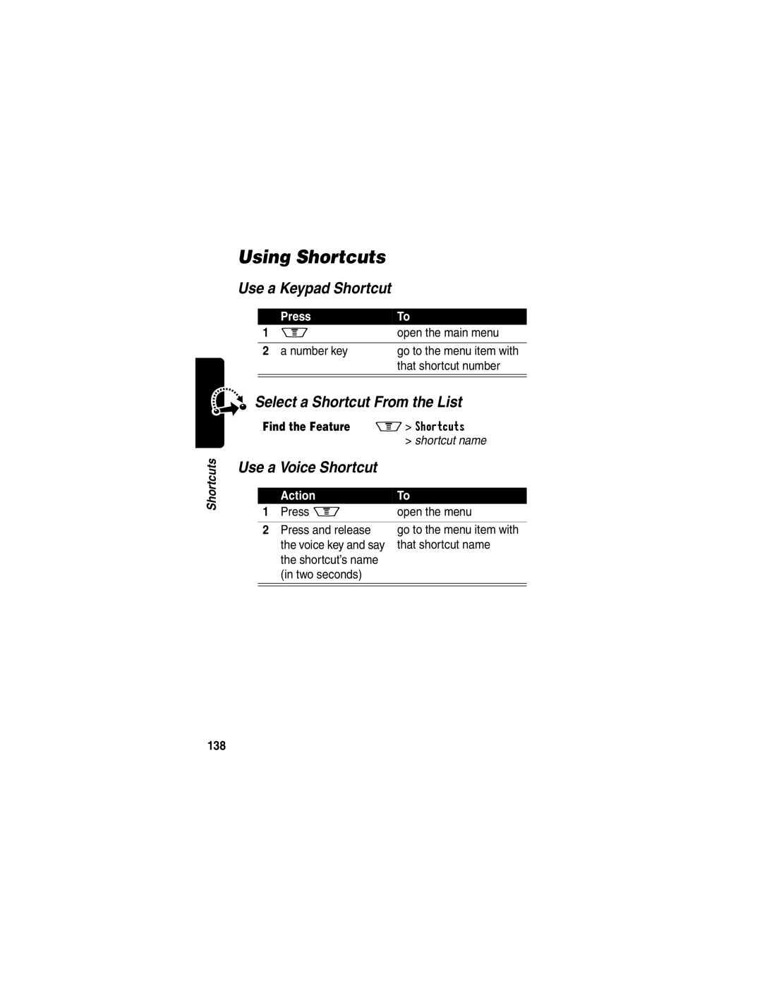 Motorola V60p manual Using Shortcuts, Use a Keypad Shortcut, Select a Shortcut From the List, Use a Voice Shortcut 