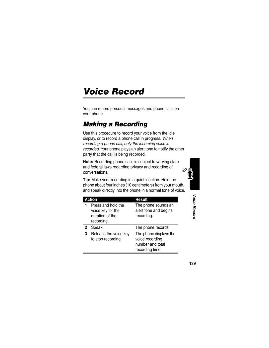 Motorola V60p manual Voice Record, Making a Recording, Action Result, Speak Phone records Release the voice key, 139 