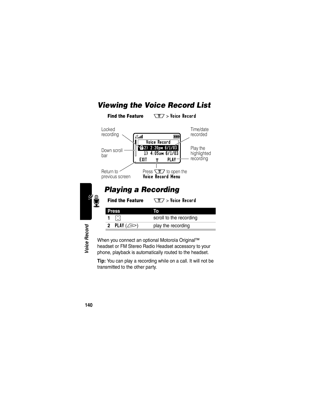 Motorola V60p manual Viewing the Voice Record List, Playing a Recording, 140 