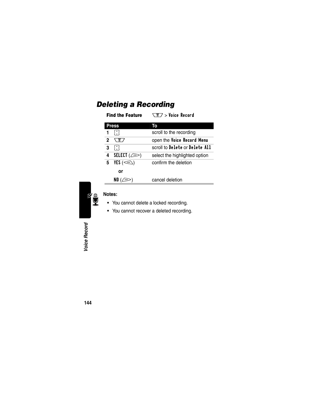 Motorola V60p manual Deleting a Recording, 144 