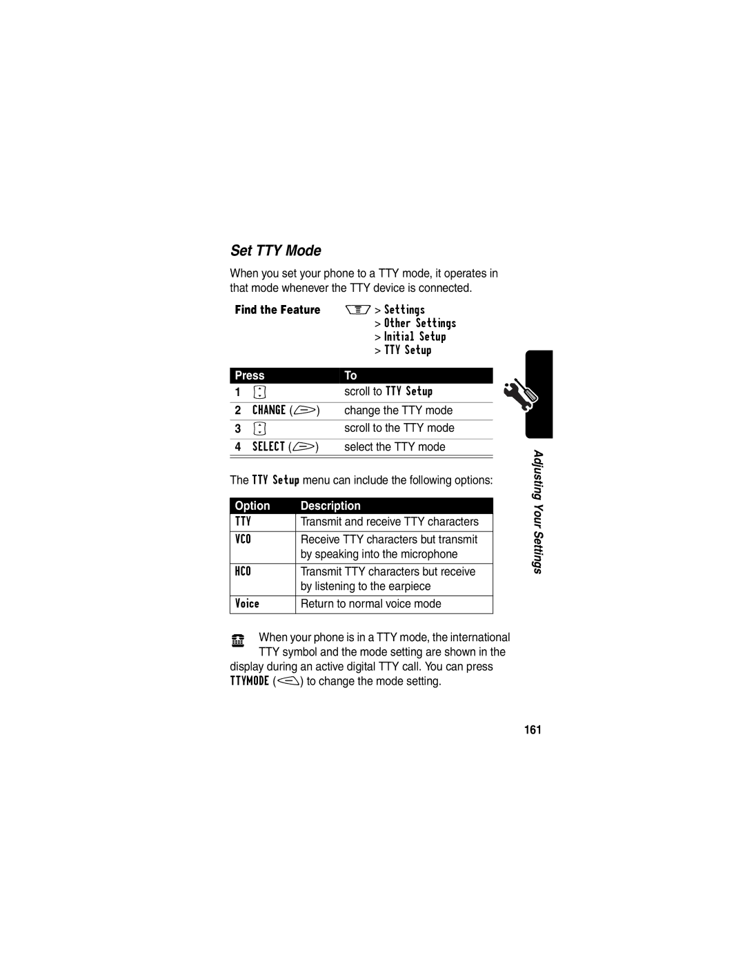 Motorola V60p manual Set TTY Mode, 161 