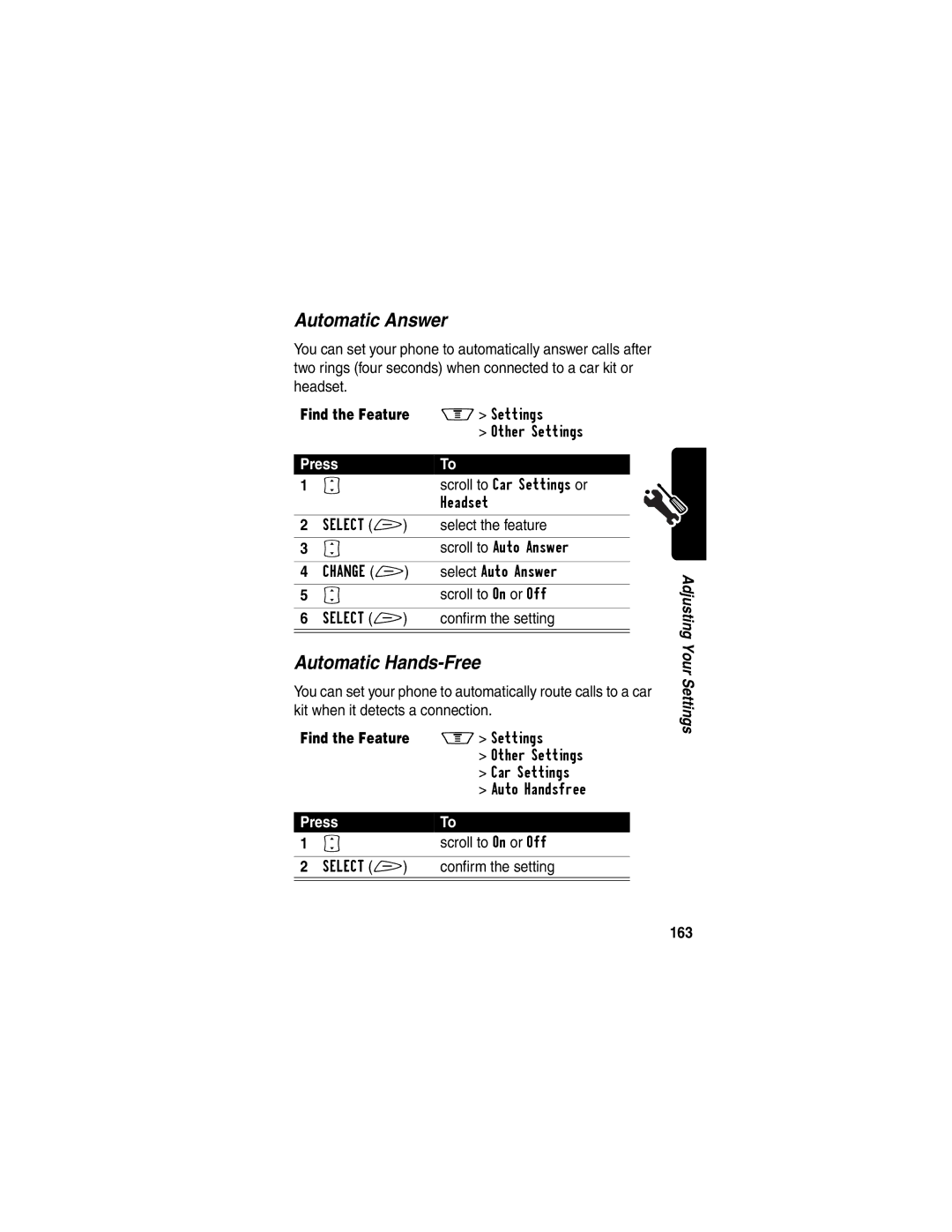 Motorola V60p manual Automatic Answer, Automatic Hands-Free, Select the feature, Confirm the setting, 163 