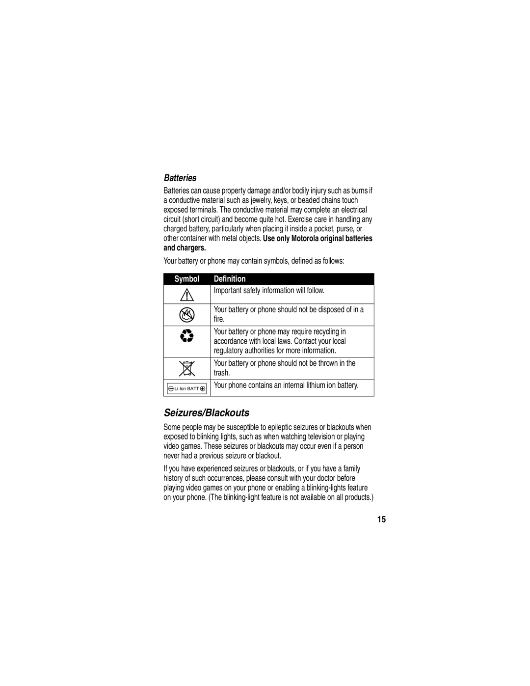 Motorola V60p manual Chargers, Symbol Definition 