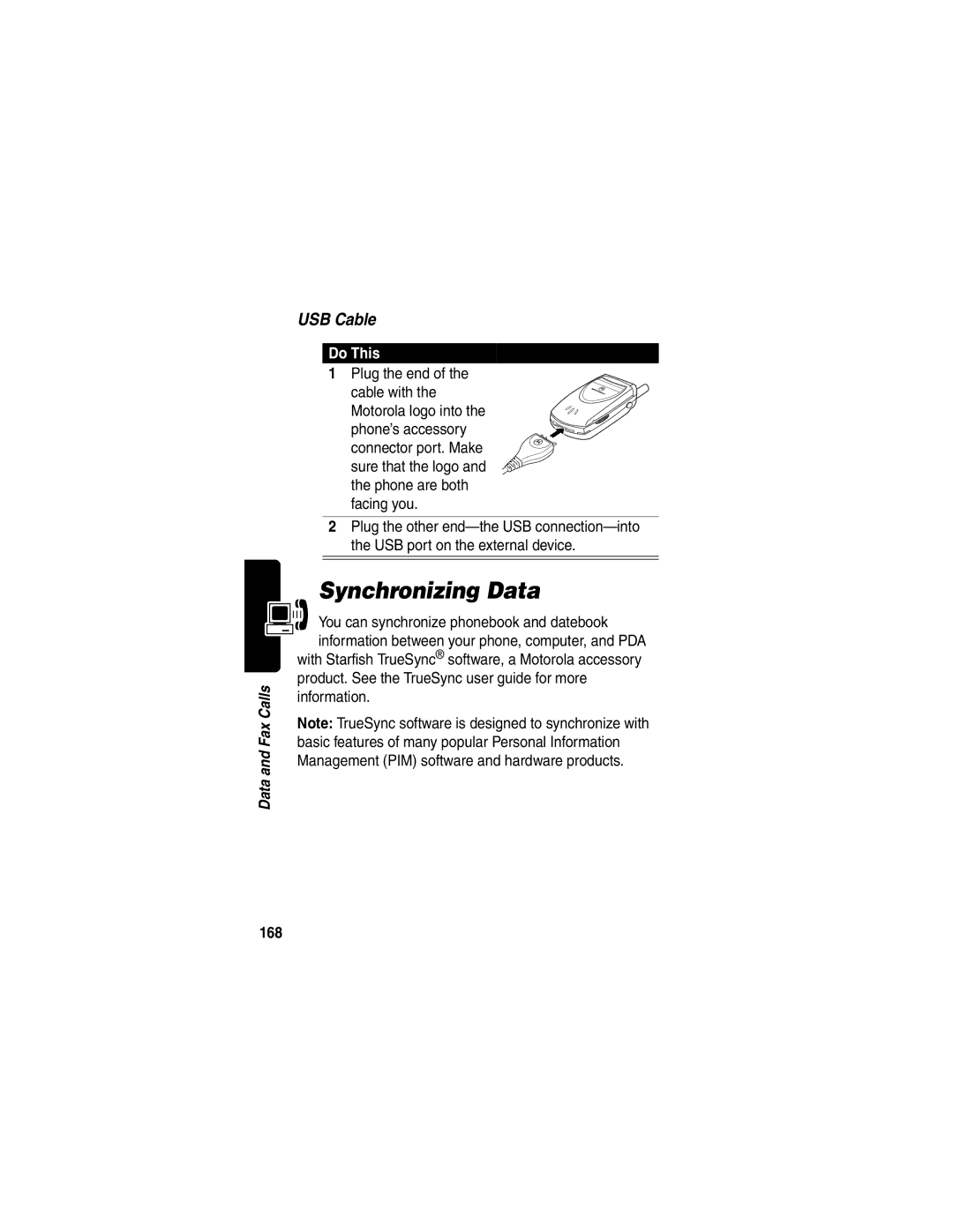 Motorola V60p manual Synchronizing Data, Plug the end, 168 