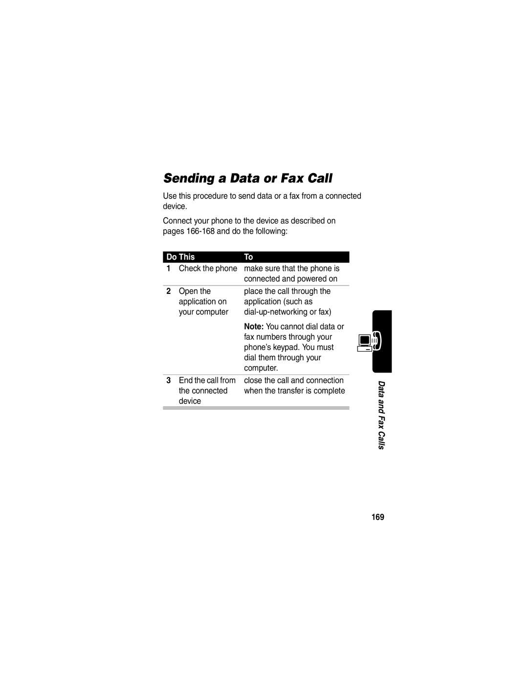 Motorola V60p manual Sending a Data or Fax Call, Device, 169 