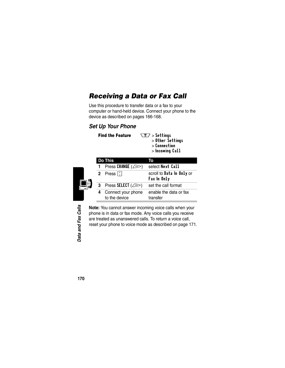 Motorola V60p manual Receiving a Data or Fax Call, Set Up Your Phone, 170 