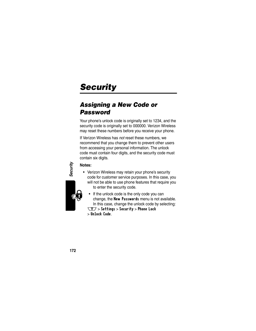 Motorola V60p manual Security, Assigning a New Code or Password, To enter the security code, 172 