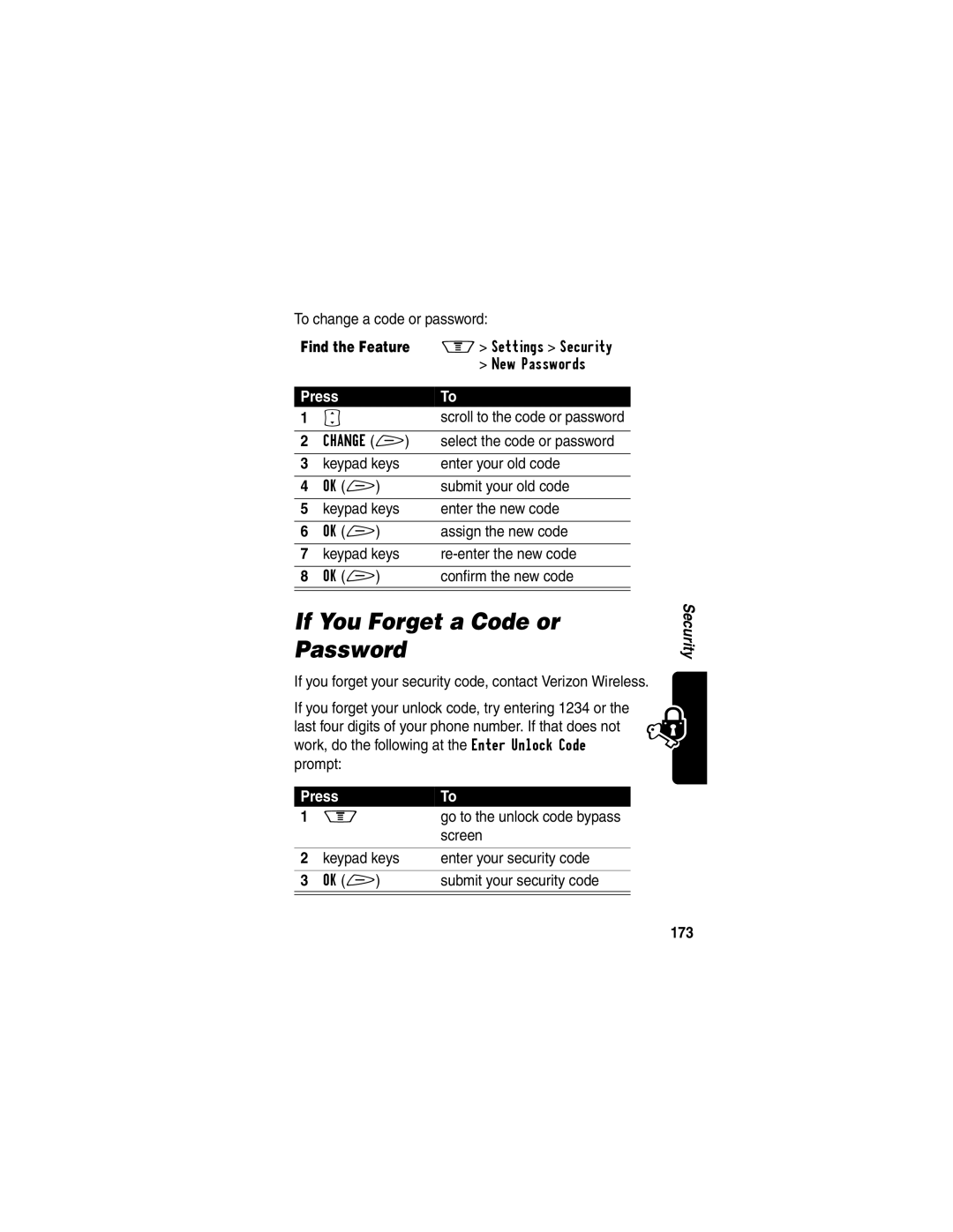 Motorola V60p manual If You Forget a Code or Password, To change a code or password, Select the code or password, 173 