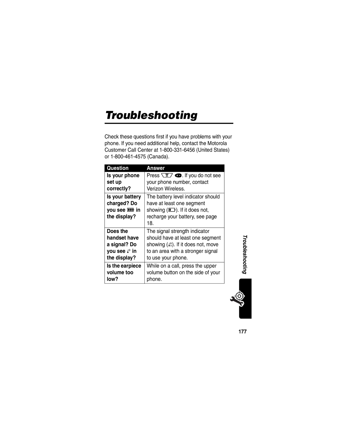 Motorola V60p Troubleshooting, Question Answer, Handset have, While on a call, press the upper Volume too, Low? Phone 177 