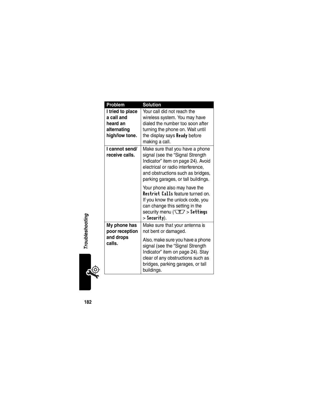 Motorola V60p manual Heard an, Alternating, High/low tone, Cannot send, Receive calls, My phone has, Drops, Calls, 182 