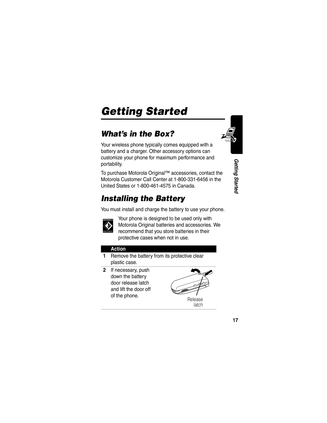 Motorola V60p manual Getting Started, What’s in the Box?, Installing the Battery, Action 