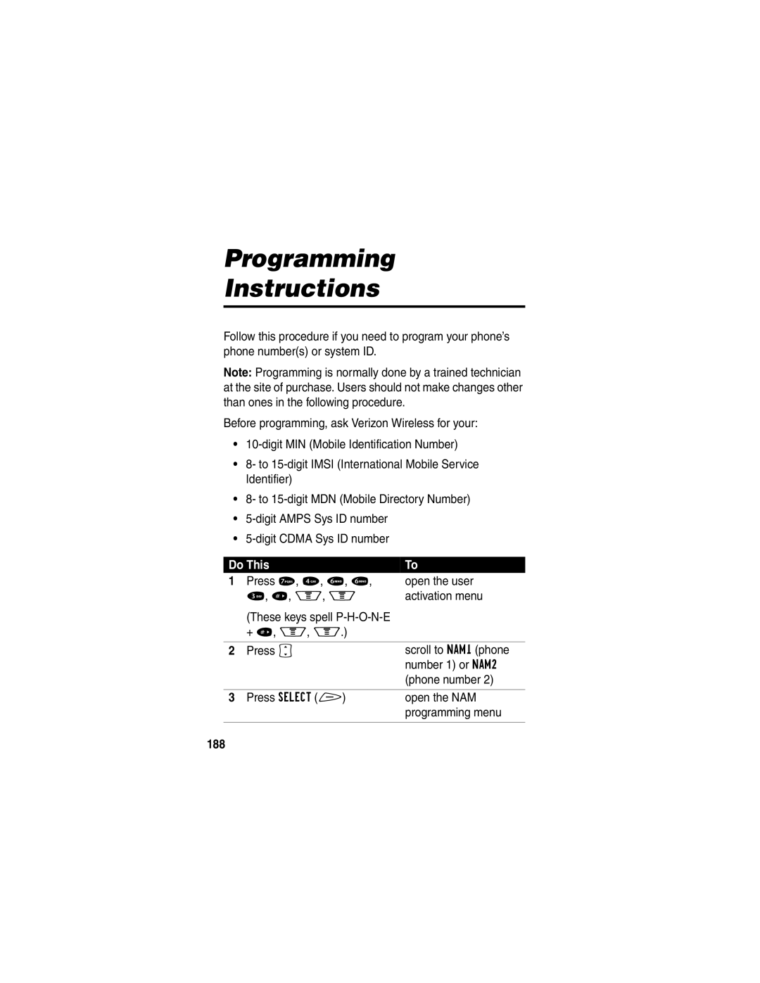 Motorola V60p manual Programming Instructions, 188 