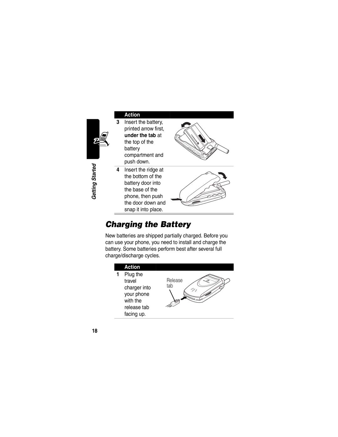 Motorola V60p manual Charging the Battery, Insert the ridge at, Plug Travel 