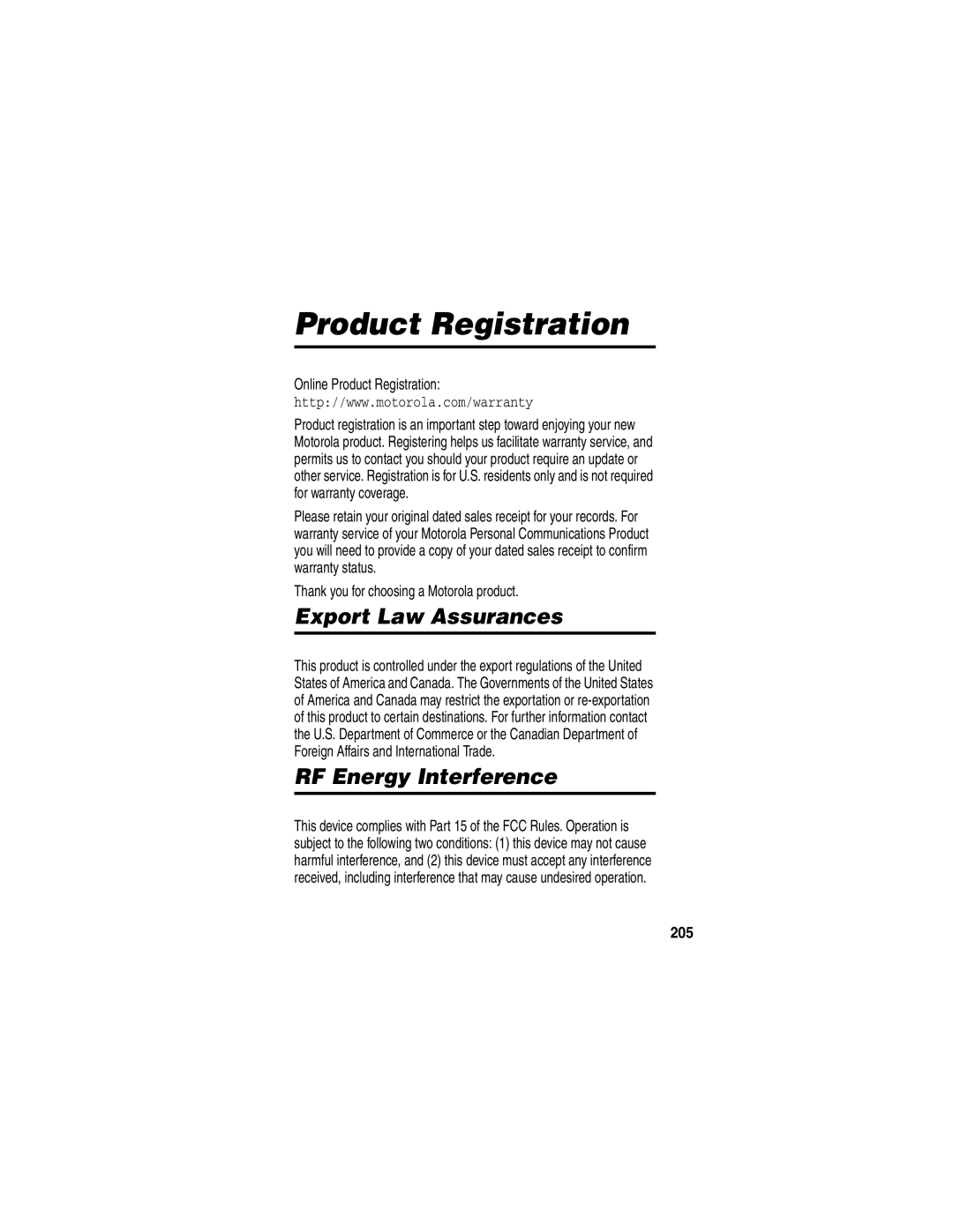 Motorola V60p manual Online Product Registration, Thank you for choosing a Motorola product, 205 