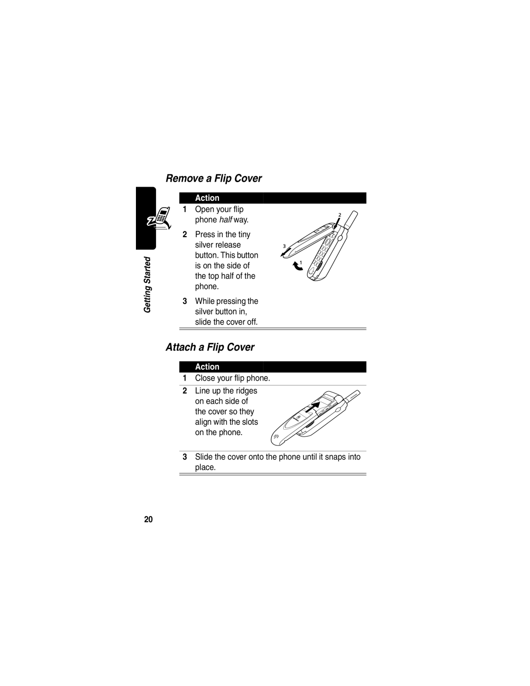 Motorola V60p manual Remove a Flip Cover, Attach a Flip Cover, Close your flip phone Line up the ridges 