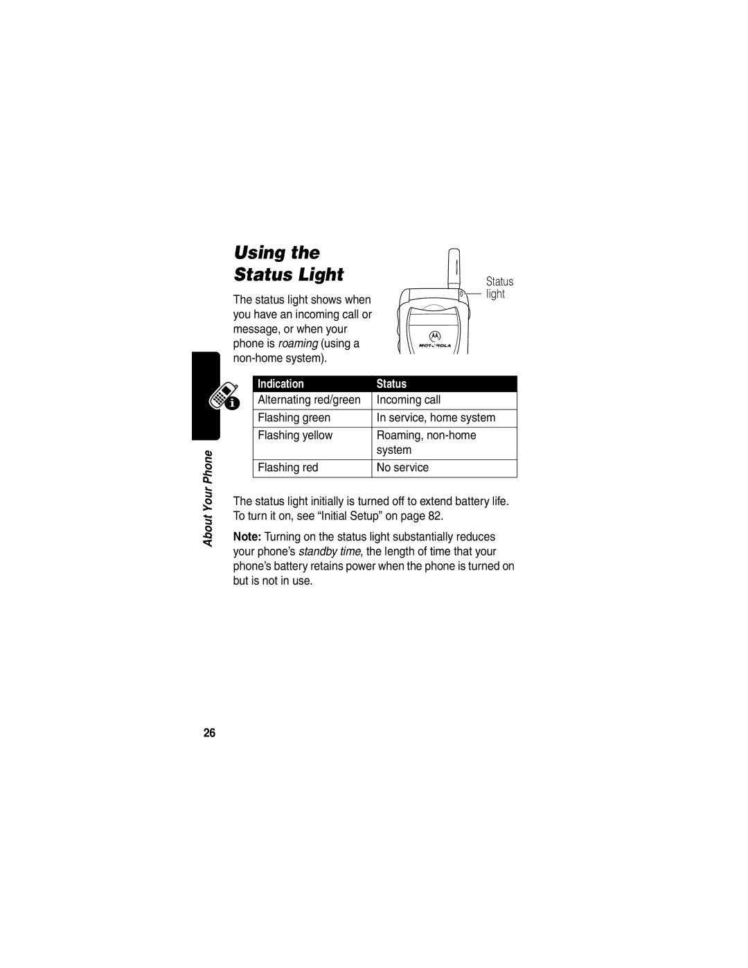 Motorola V60p manual Using the Status Light, Indication Status 