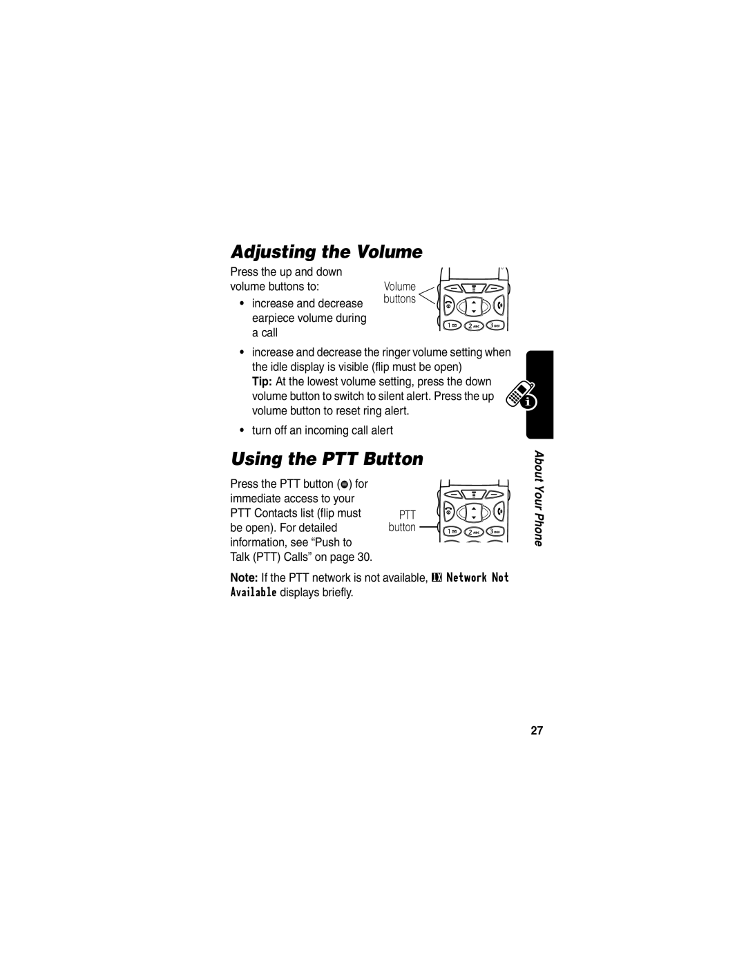 Motorola V60p Adjusting the Volume, Using the PTT Button, Press the up and down Volume buttons to, Increase and decrease 