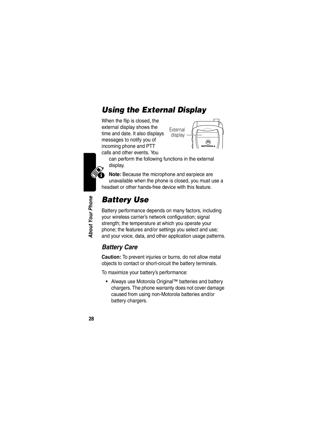 Motorola V60p manual Using the External Display, Battery Use, Battery Care 