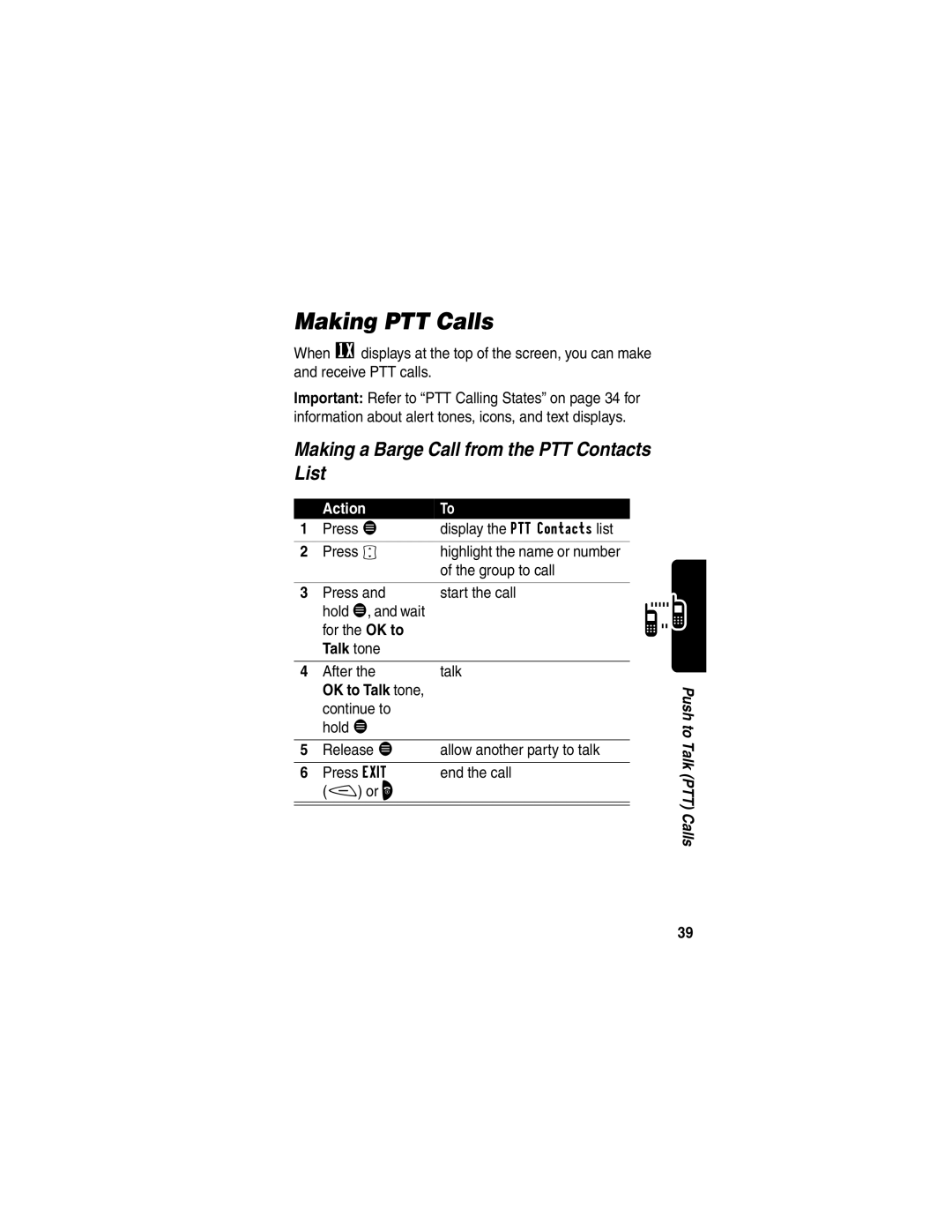 Motorola V60p manual Making PTT Calls, Making a Barge Call from the PTT Contacts List, Talk tone 