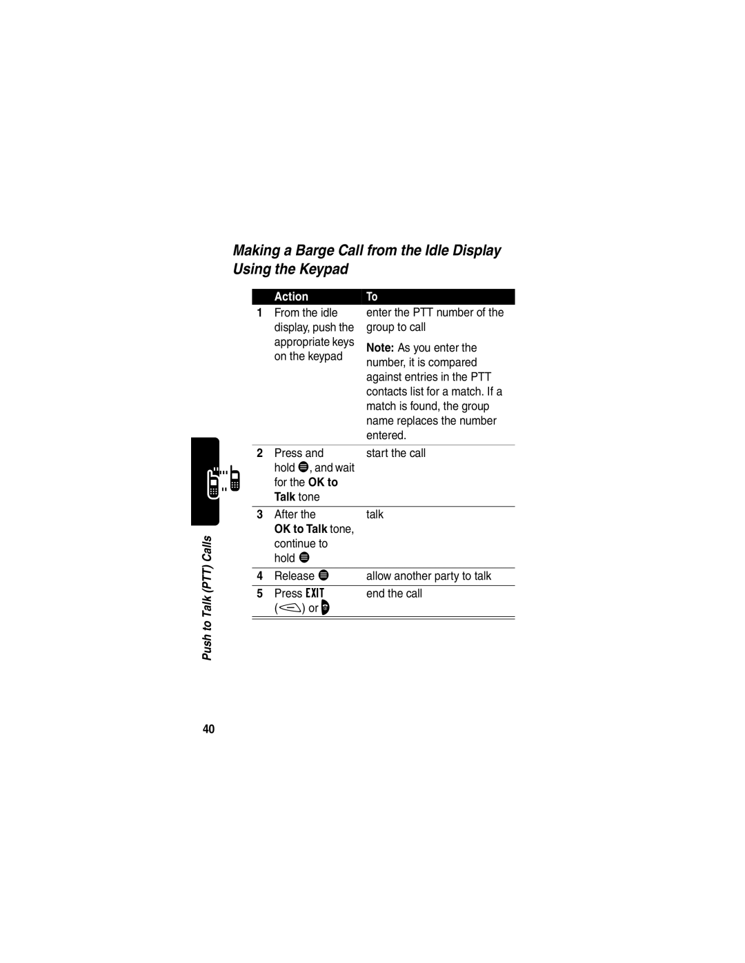 Motorola V60p manual Making a Barge Call from the Idle Display Using the Keypad, Action To 